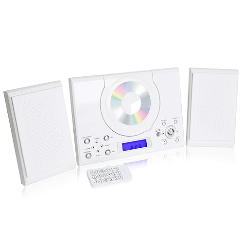 White （with stent） HENGTPUR CD Player Vertical Loading Wall Mountable Bluetooth with Remote Control Built-in HiFi Speakers USB MP3 3.5mm Headphone Jack AUX input/output 