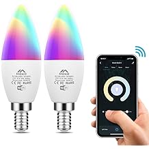 White MoKo Smart LED Light Bulb Work with Alexa Echo,Google Home RGB Warm White Dimmable Candle Bulb No Hub,Only Supports 2.4GHz Network 5W E12 Candelabra Base 2 Pack Voice//APP Control