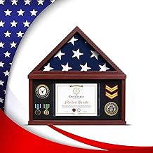 Military Medal Shadow Box with Glass Front and 4x 6 Picture Frame Mahogany Bey-Berk Custom Personalized American Flag Display Case for 5 x 9.5 Burial Memorial Flag